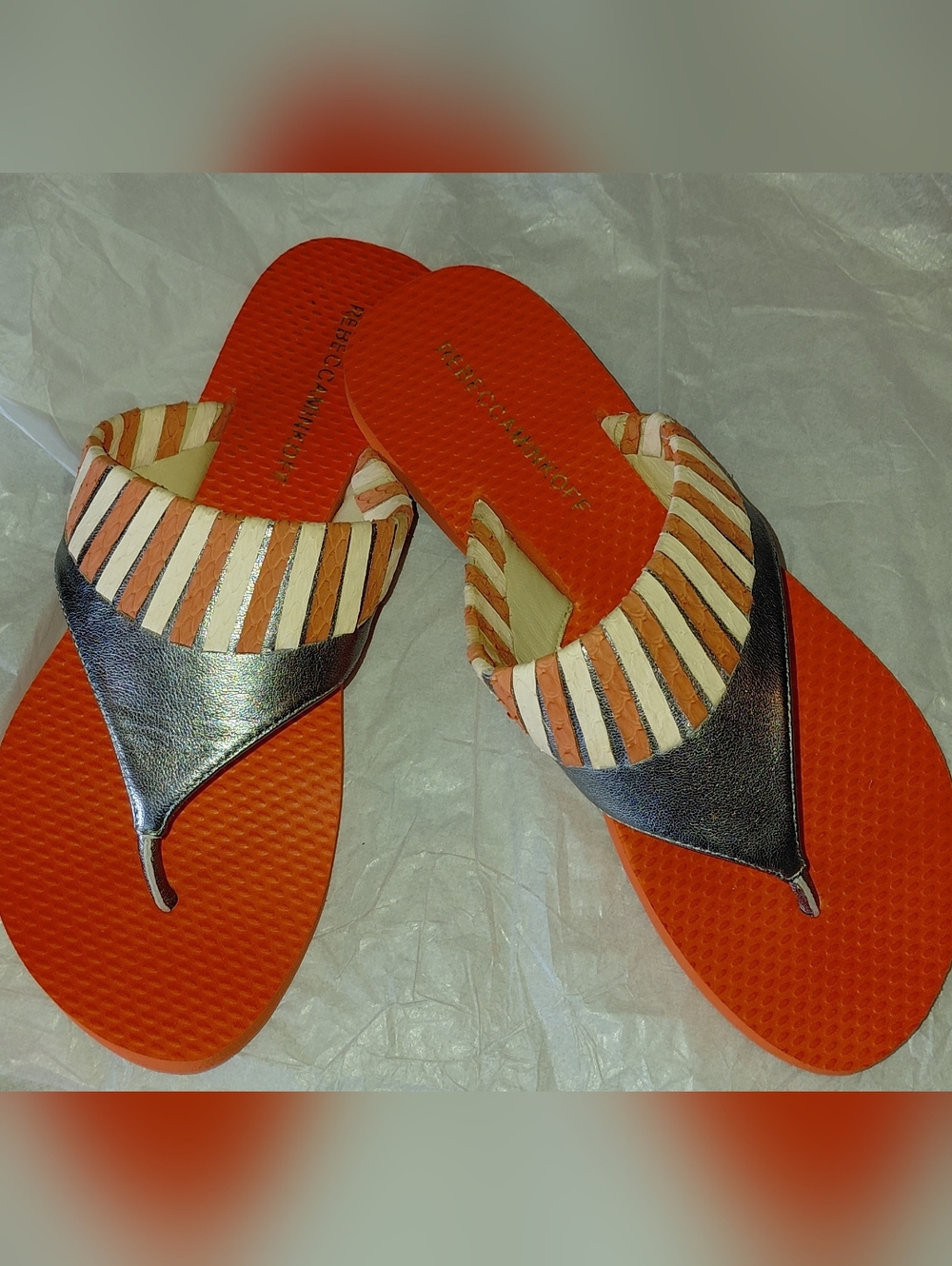 NWOT REBECCA MINKOFF striped Beige Orange Sandals, Metallic & Stripes On Thong.